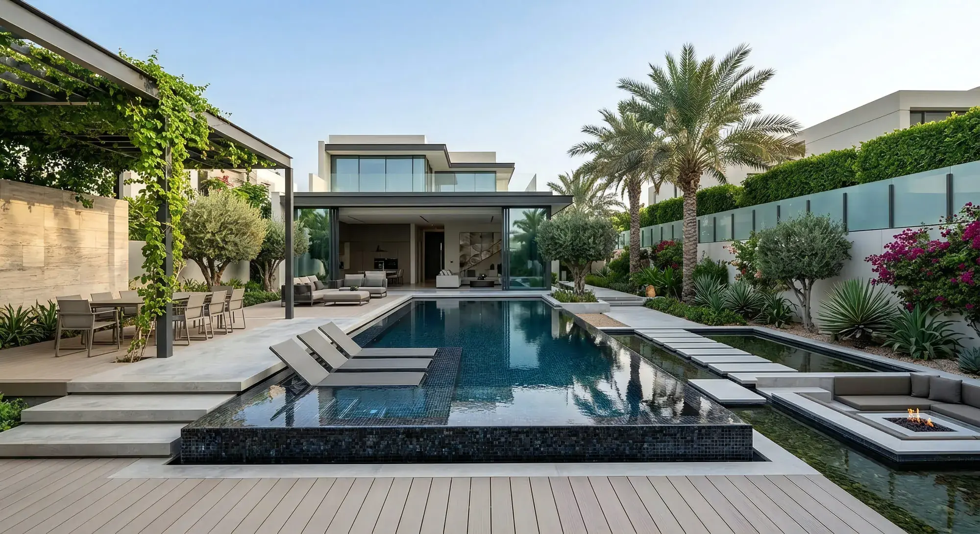 A walled courtyard garden: a vine-covered steel pergola over a long dining table, olive trees in raised beds, a dark mosaic pool with a raised spa, and pale stepping pads crossing a black reflecting pond towards a sunken fire seat.