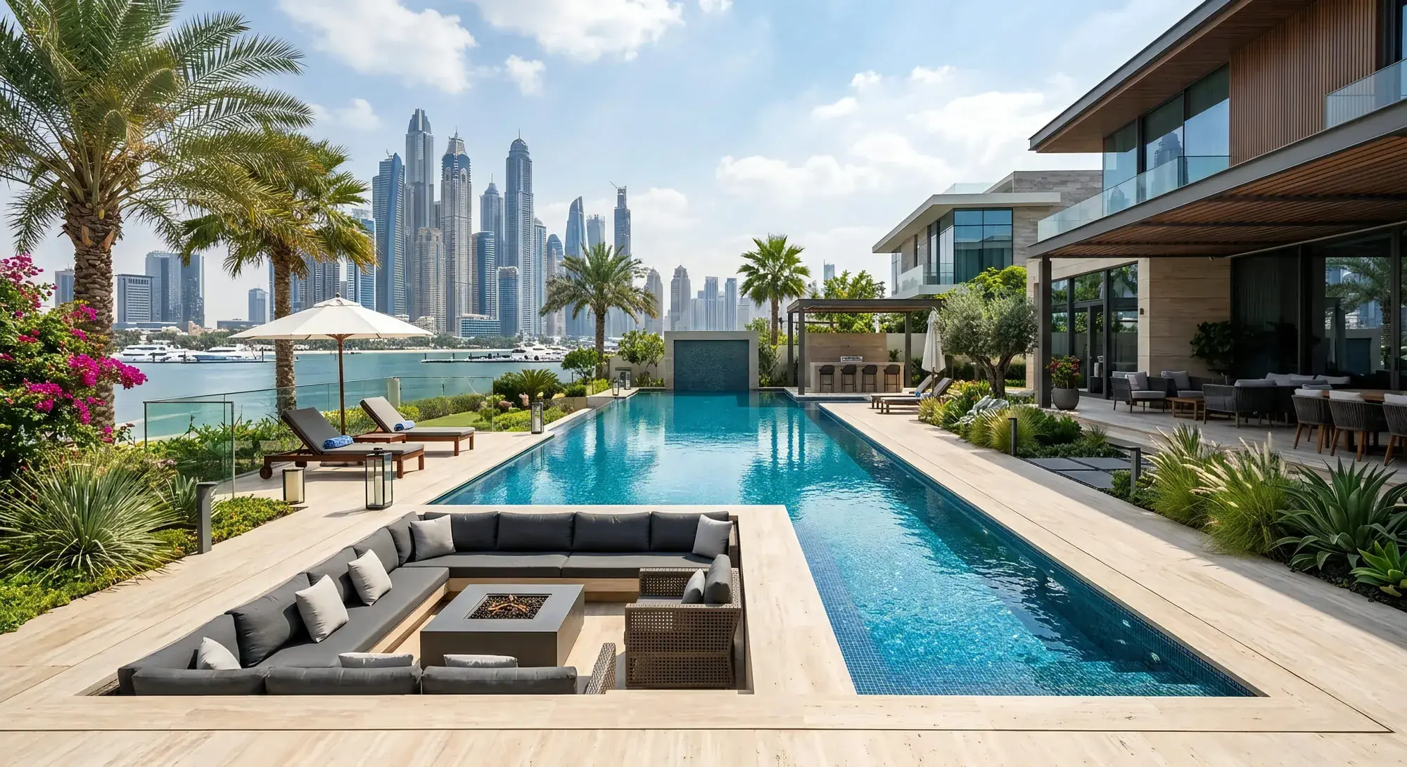 A midday terrace on the water: a lap pool with dark mosaic lining, a sunken lounge with a fire table, a dark water feature wall, a bar counter, and the Dubai Marina towers and moored yachts across the harbour.