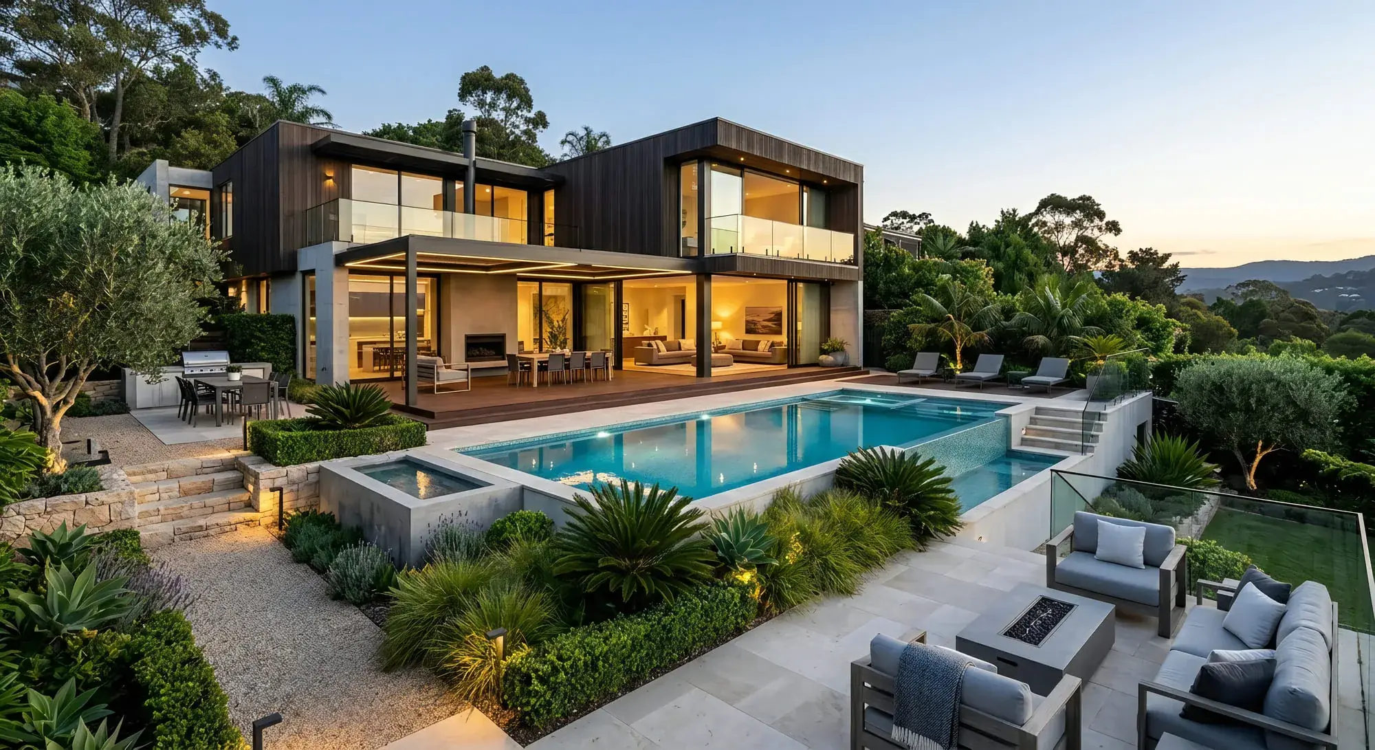 A dark timber-clad villa on a wooded slope at dusk, its garden cut into stone-faced terraces planted with olive, lavender and cycads, with a pool and spa held behind a glass balustrade and hills beyond.