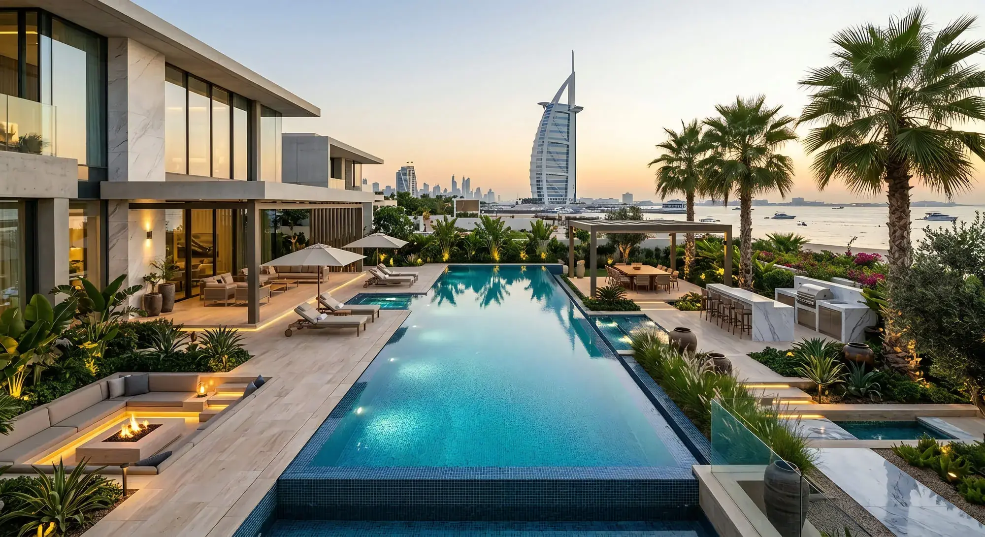 Seafront villa terrace at dusk: a full-length lap pool runs along the flank of the house towards the Burj Al Arab and the open sea, with a pergola, a marble barbecue counter and a sunken fire seat set into the deck either side of it.