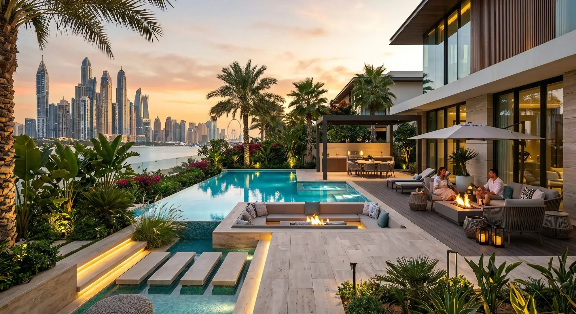 A terrace at sunset above the water with the Dubai Marina skyline beyond: an infinity pool and spa, a sunken lounge around a lit fire table, stepping pads crossing a shallow water blade, and a covered outdoor kitchen at the far end.