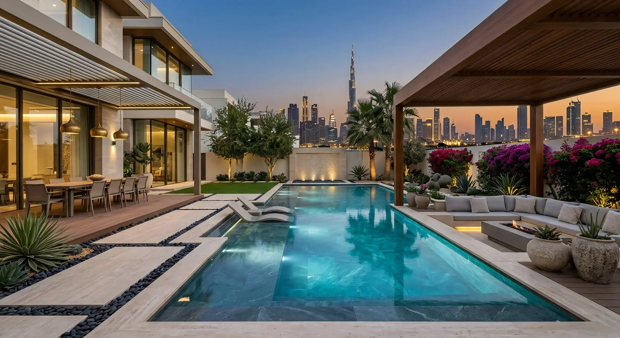 A travertine terrace inlaid with bands of black pebble, laid to a grid set out from the house, with a pool carrying in-water loungers, a lawn strip, a lit water wall and a timber pergola over a sunken seating group.