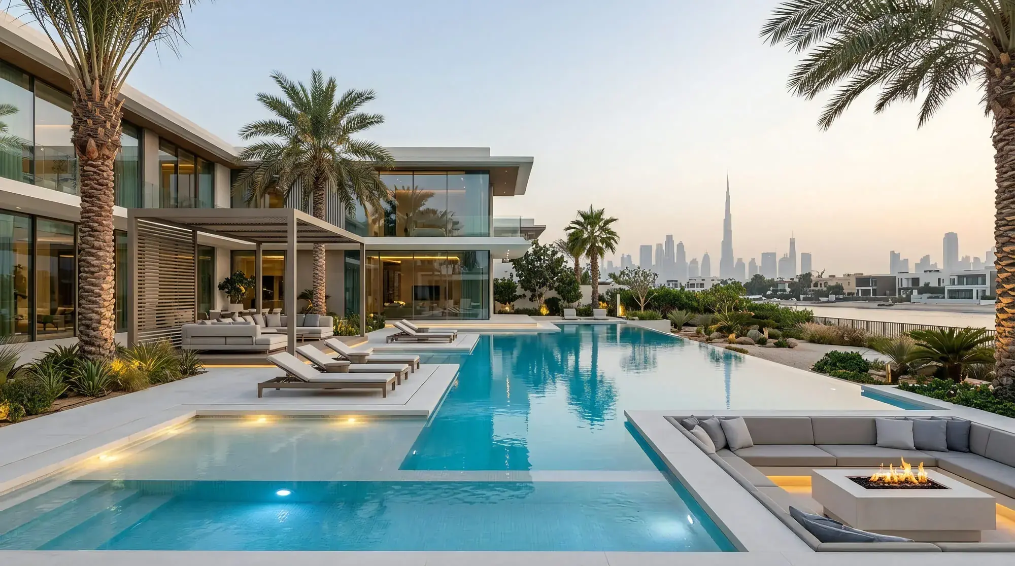 A long infinity pool running the width of a wide pale stone deck, with a sunken fire lounge at one side, a shallow lounging shelf at the other, date palms along the house and the Burj Khalifa on the horizon.