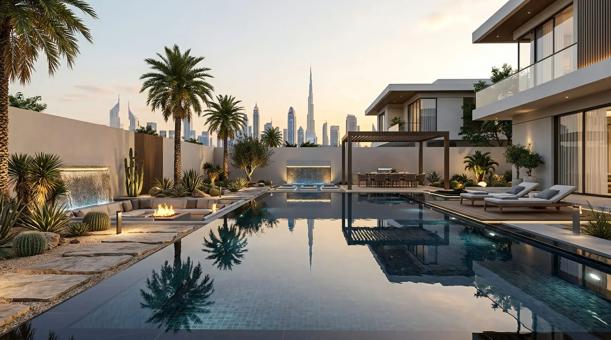 A courtyard pool lying black and still between planted margins, reflecting the palms above it, with a water wall set into the boundary, cactus and agave planting in gravel, a sunken fire pit and the Burj Khalifa in the distance.