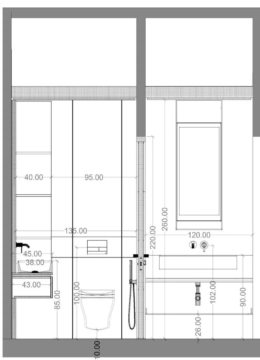 Dimensioned bathroom elevation showing storage, WC, shower and vanity setting-out with heights annotated in centimetres.
