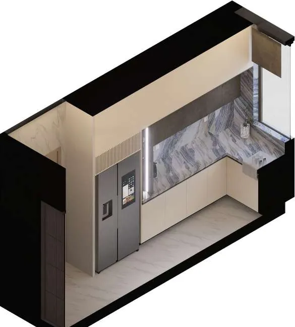 Cutaway axonometric of the kitchen volume showing the ceiling reveal, concealed lighting and cabinetry arrangement in three dimensions.
