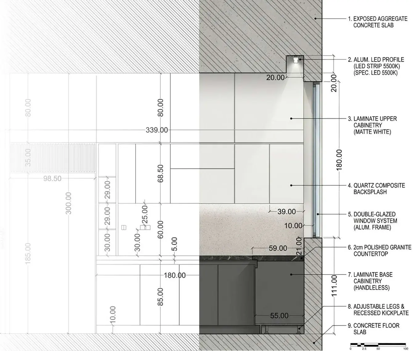 Dimensioned joinery section through the kitchen wall, annotated with the exposed aggregate concrete slab, LED profile, laminate cabinetry, quartz backsplash, granite worktop and recessed kickplate.