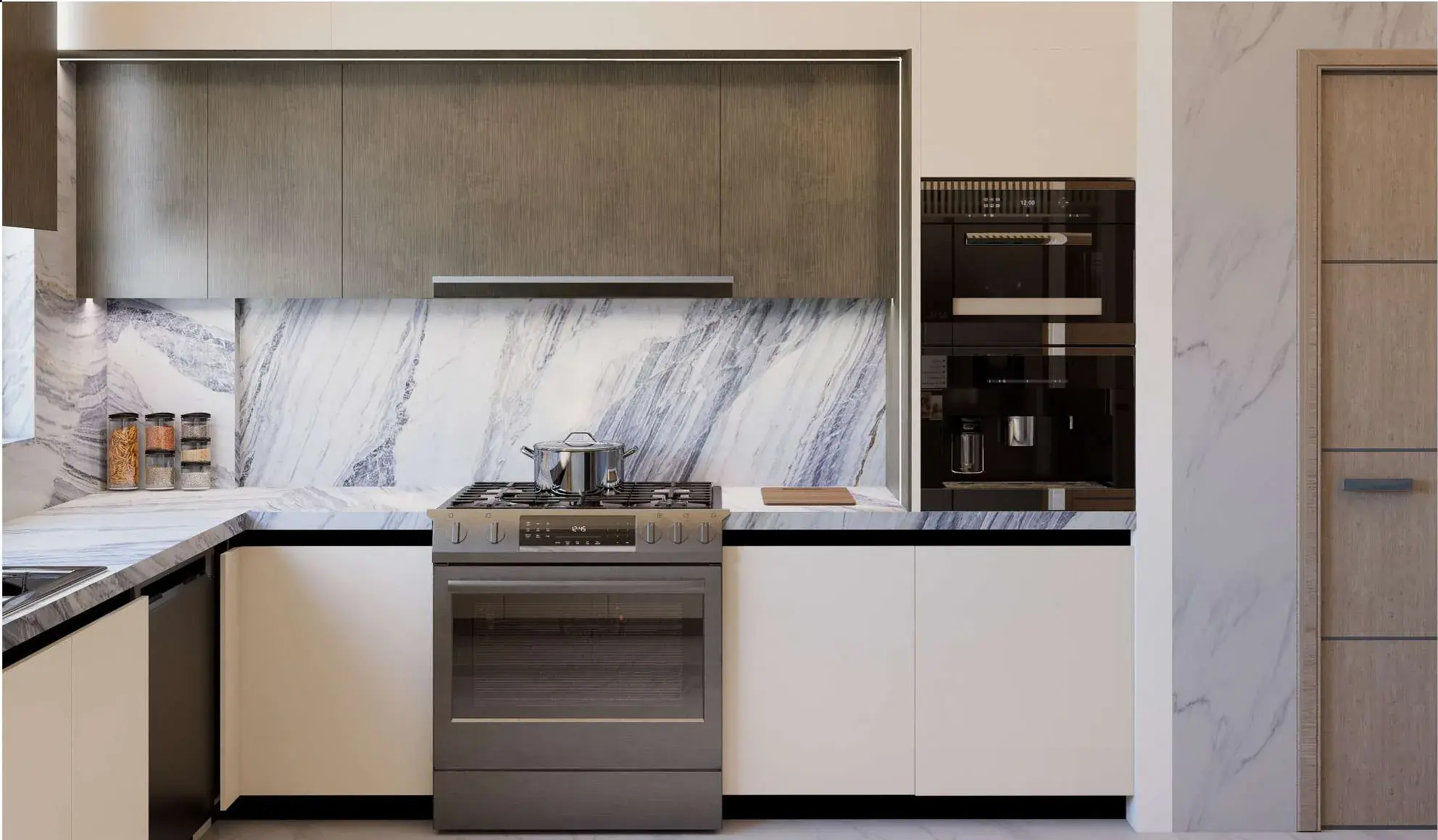 Kitchen elevation with a full-height book-matched marble backsplash running behind the hob, framed by pale cabinetry and a dark timber upper run.