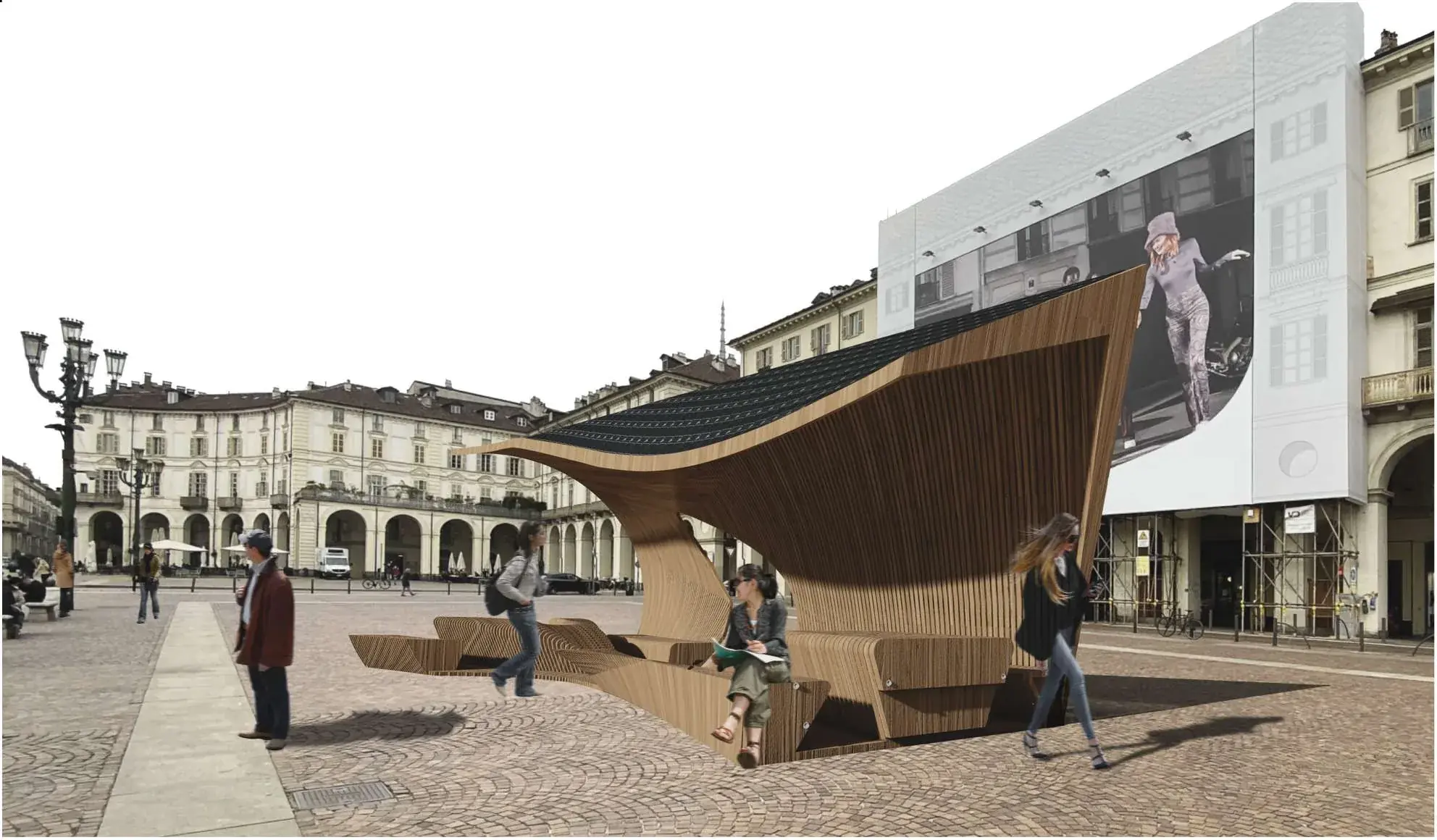 The photovoltaic pavilion standing in a Turin piazza, its twisted timber form and solar canopy sheltering a student seated beneath it.