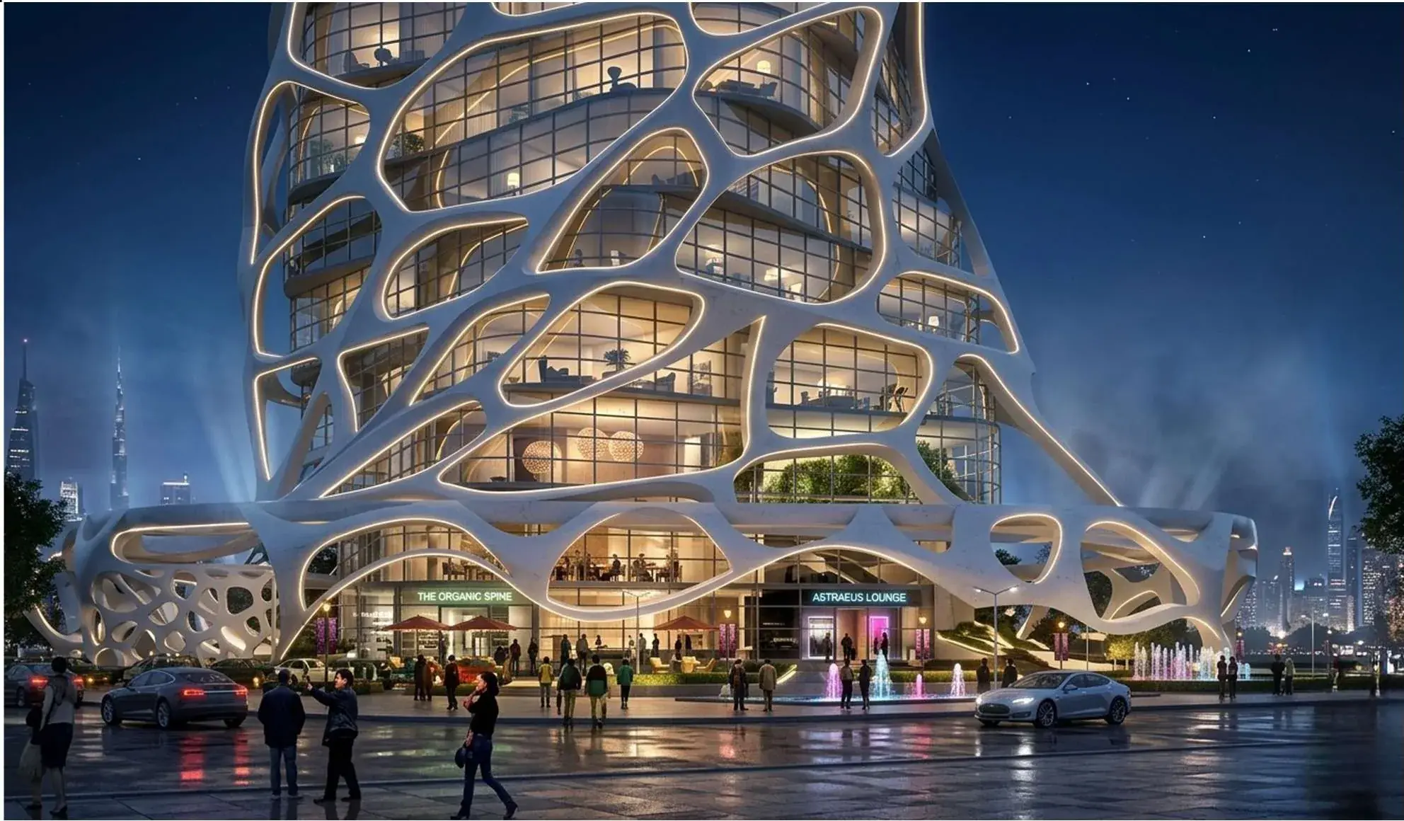 The same view after dark, the cellular structure lit from within its edges and the lounge and retail signage glowing behind the glazing.