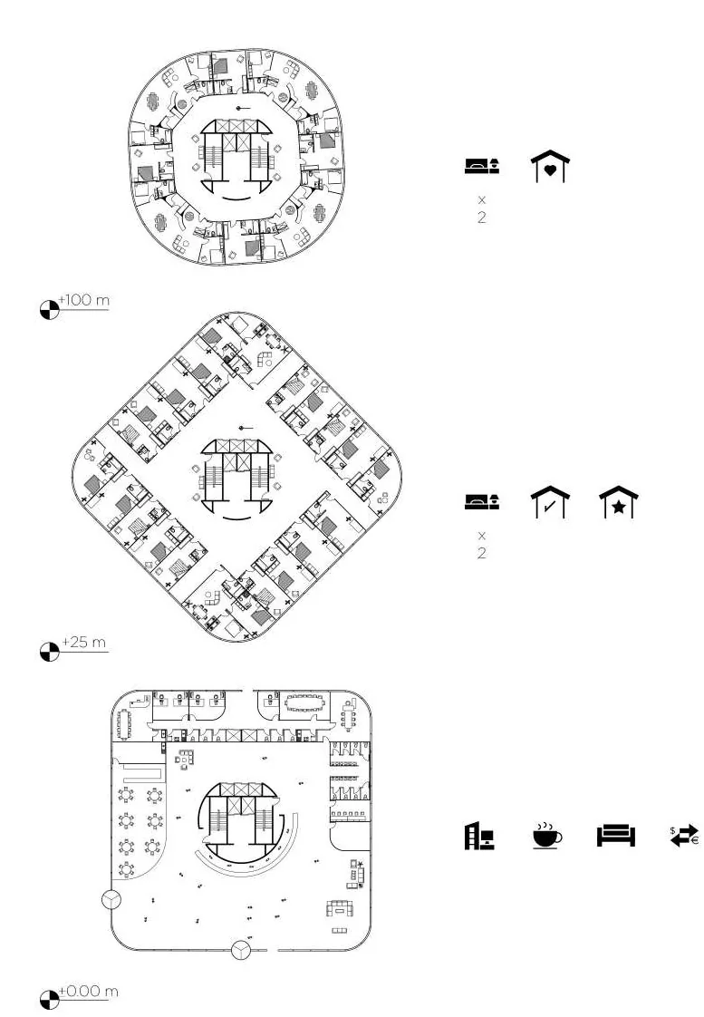 Three floor plans at +0.00 m, +25 m and +100 m showing how the plate rotates from a rounded square to a diamond and contracts as it rises, annotated with programme icons.