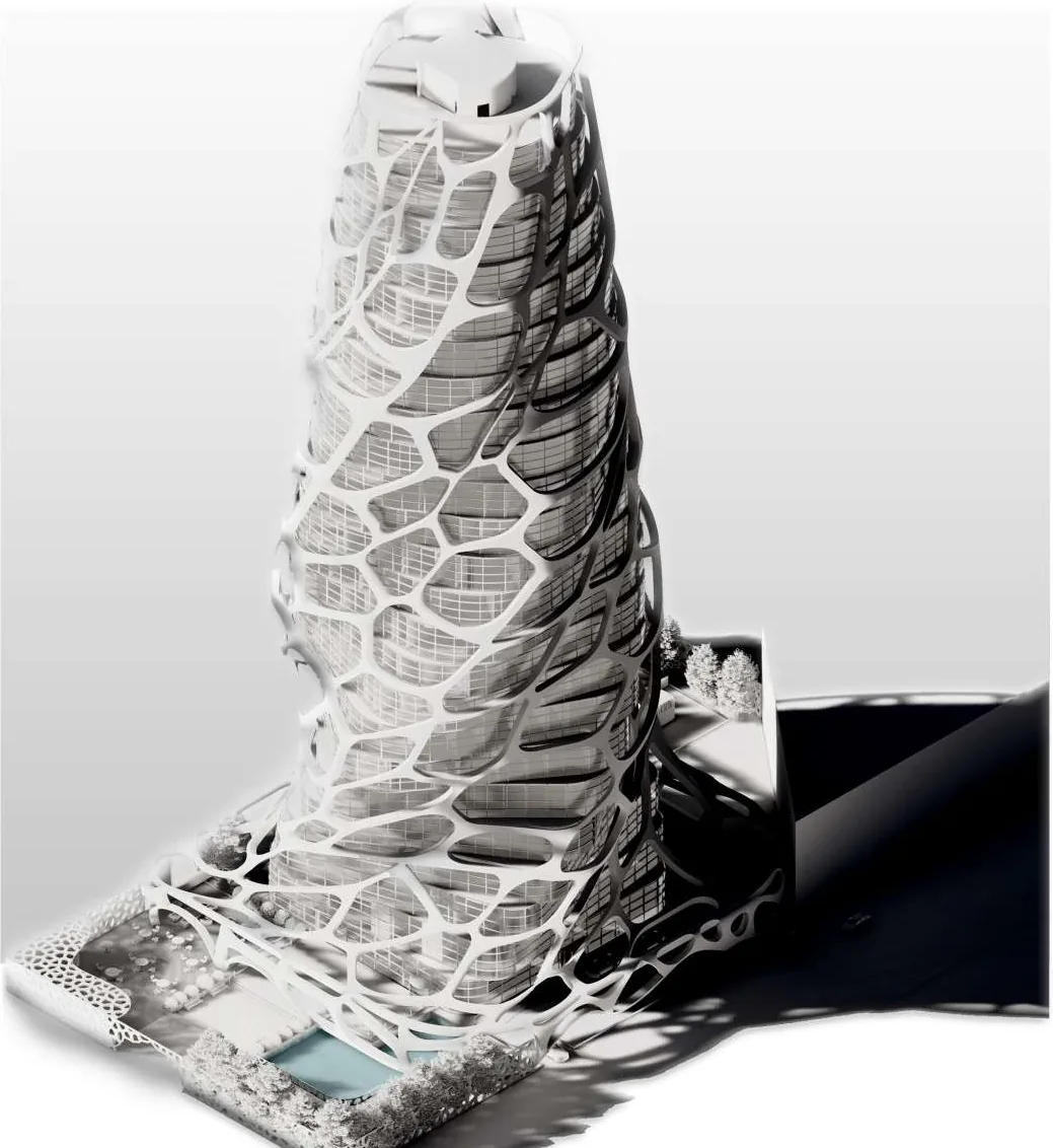 The Tulip Hotel modelled as a white object: a tapering tower wrapped in a cellular exoskeleton, set on a landscaped podium and casting a long shadow.