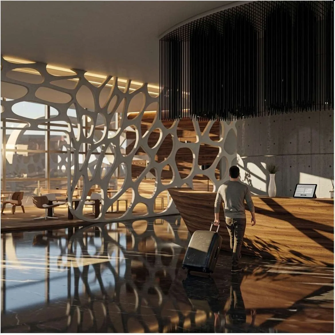 Hotel lobby interior: a white cellular screen filtering low sun across a polished floor, with a timber reception desk, lounge seating and a slatted black ceiling.