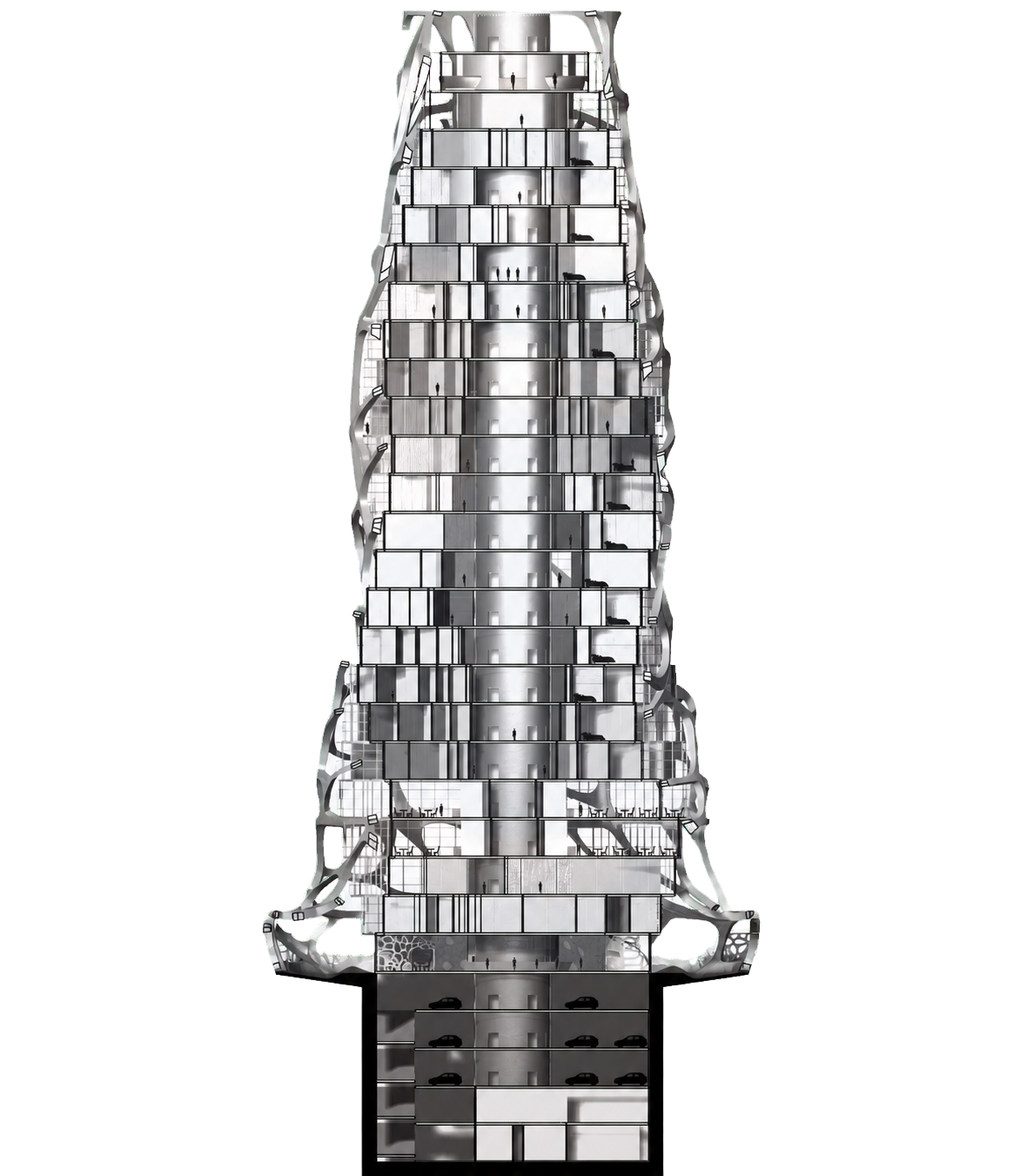 Long section through the whole tower, cut away to show every floor from the storage and parking levels below ground, through the public podium and the guest floors, to the restaurant and cafe at the top.