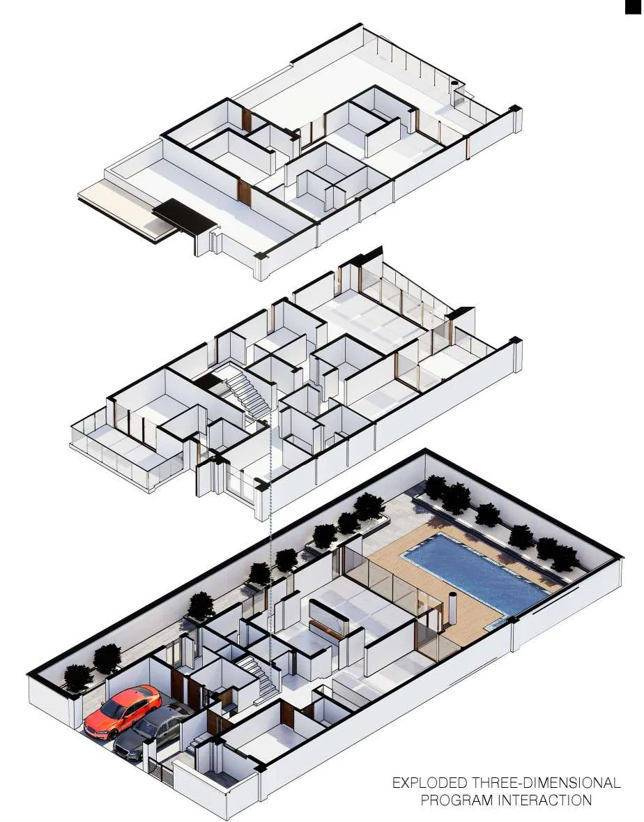Exploded three-dimensional diagram separating roof, first floor and ground floor of the twin villa, with the pool, planting and parked cars shown at ground level.