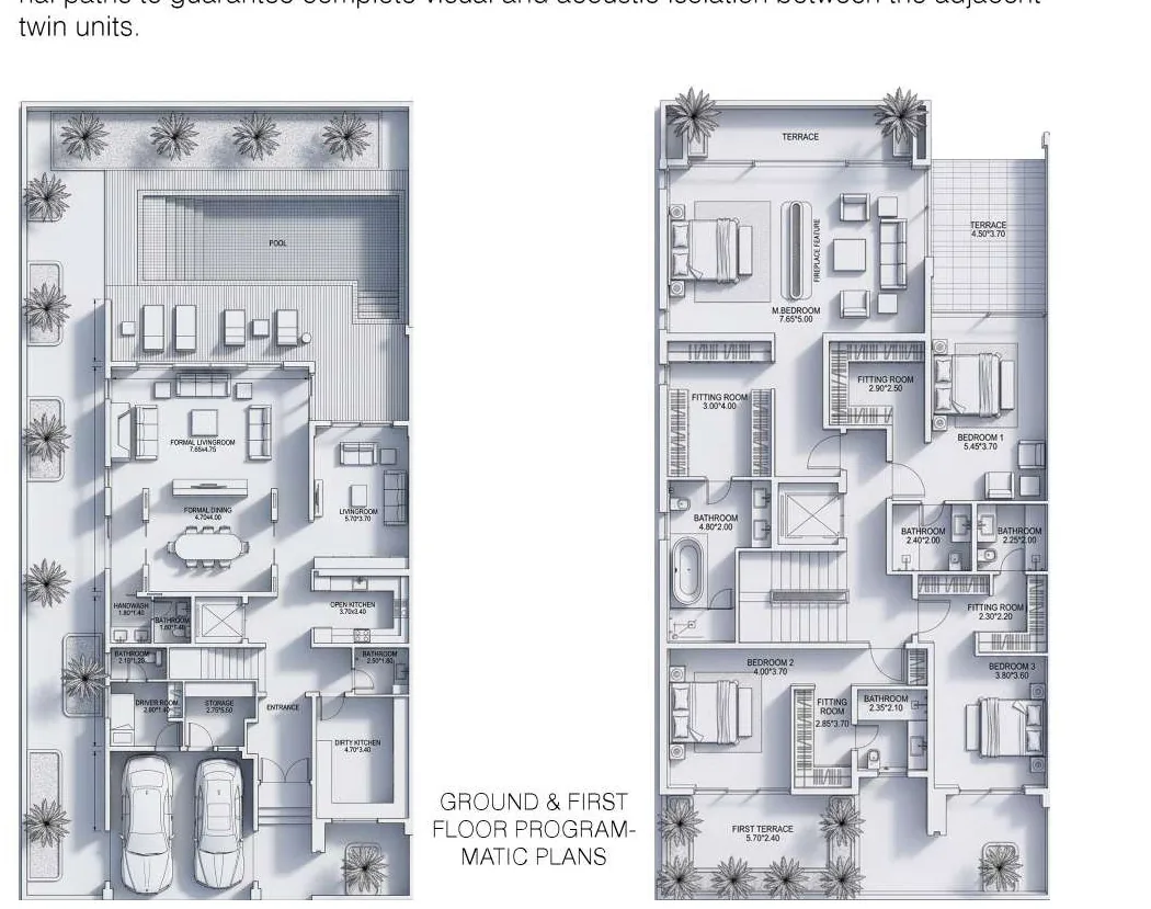 Ground and first floor programmatic plans, annotated room by room with areas for the formal living room, kitchens, bedrooms, fitting rooms and terraces.