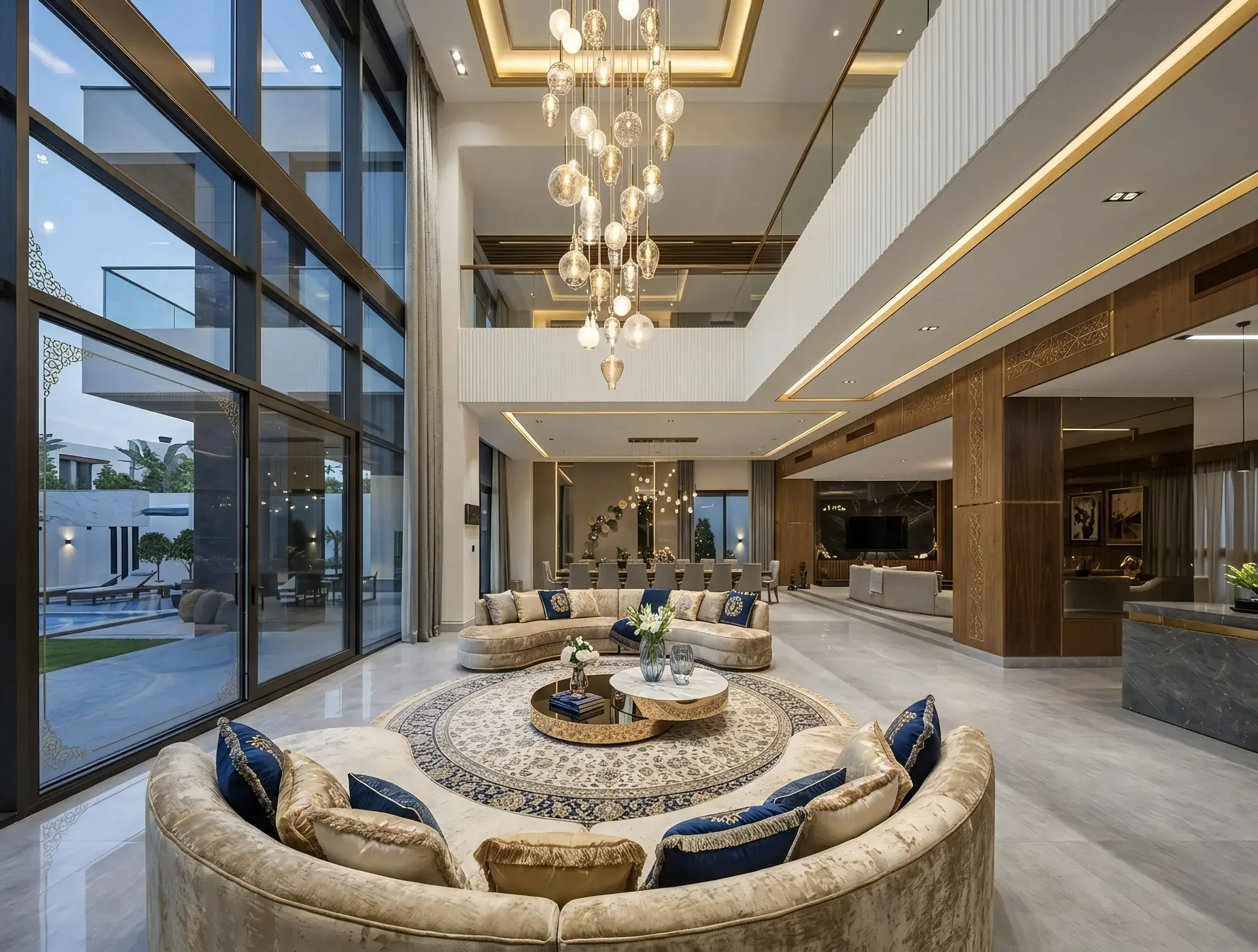 The double-height living hall: a curved sofa on a patterned rug beneath a cascading glass chandelier, with a coffered and cove-lit ceiling above and full-height glazing onto the pool terrace.