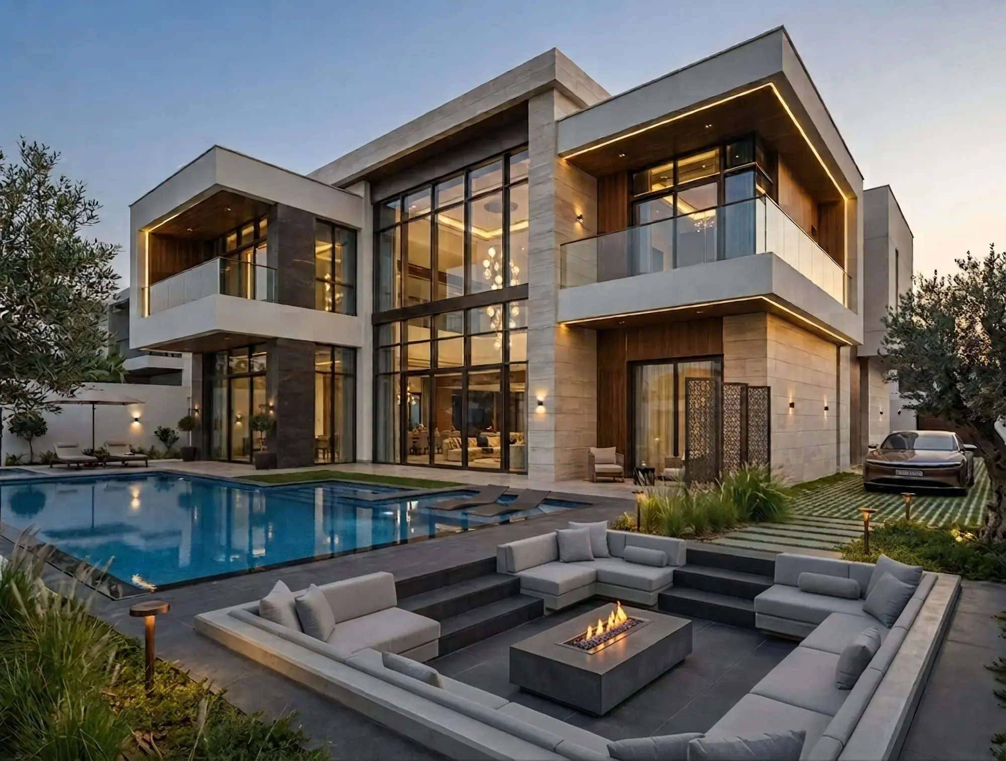 The rear elevation of Villa Luce at dusk, its cantilevered upper volumes oversailing the ground floor glazing, with a sunken seating terrace and pool in front.