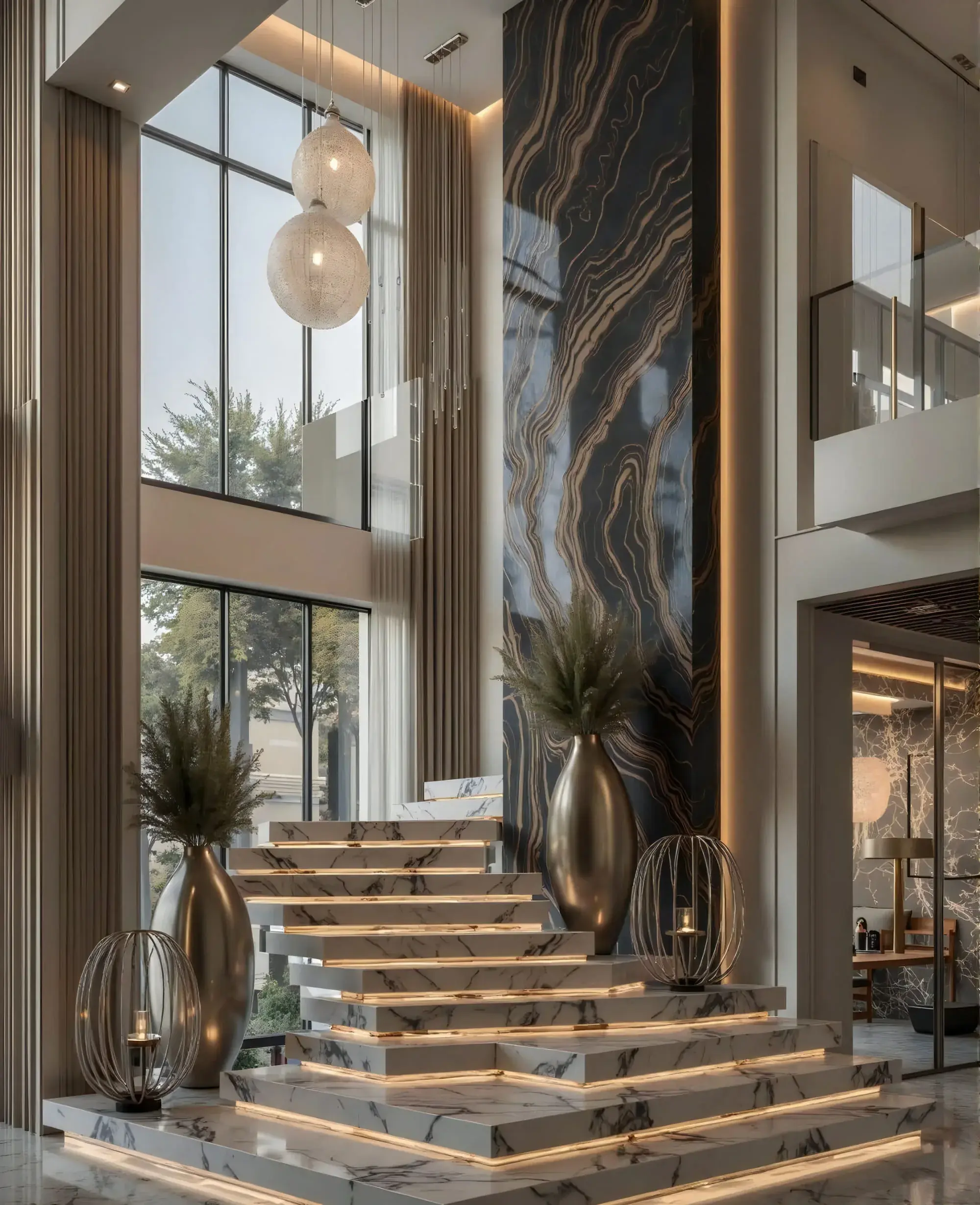 The main stair rising through a double-height hall: cantilevered marble treads lit along their nosings, against a full-height book-matched marble wall with fluted metal screens and glazing to the garden opposite.