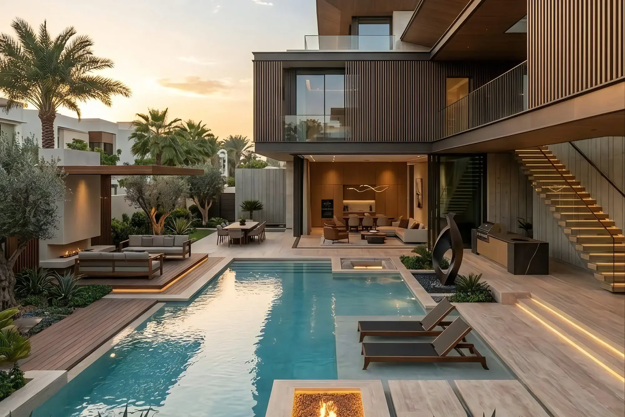 Villa Lumina from the pool terrace at sunset: cantilevered timber-clad volumes above an open ground floor, with a linear pool, a sunken fire feature and a dining pergola.