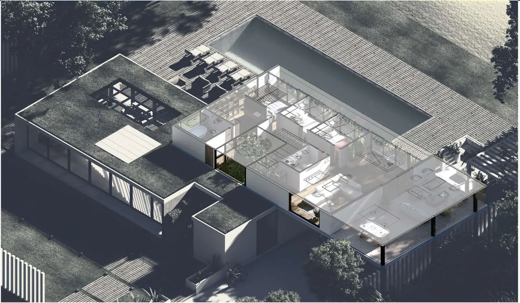 Axonometric cutaway with the roof removed, revealing the internal room layout, furniture, courtyard planting and the pool alongside.