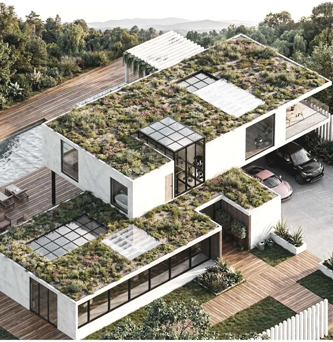 Aerial view of Villa Verde: two offset white volumes under a densely planted sedum roof, with timber decking, a lap pool, a pergola and a carport below.