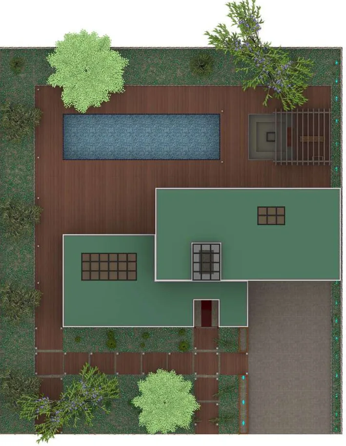 Coloured landscape plan showing the villa footprint in green, timber deck in brown, the pool, planting beds and specimen trees with irrigation points marked.