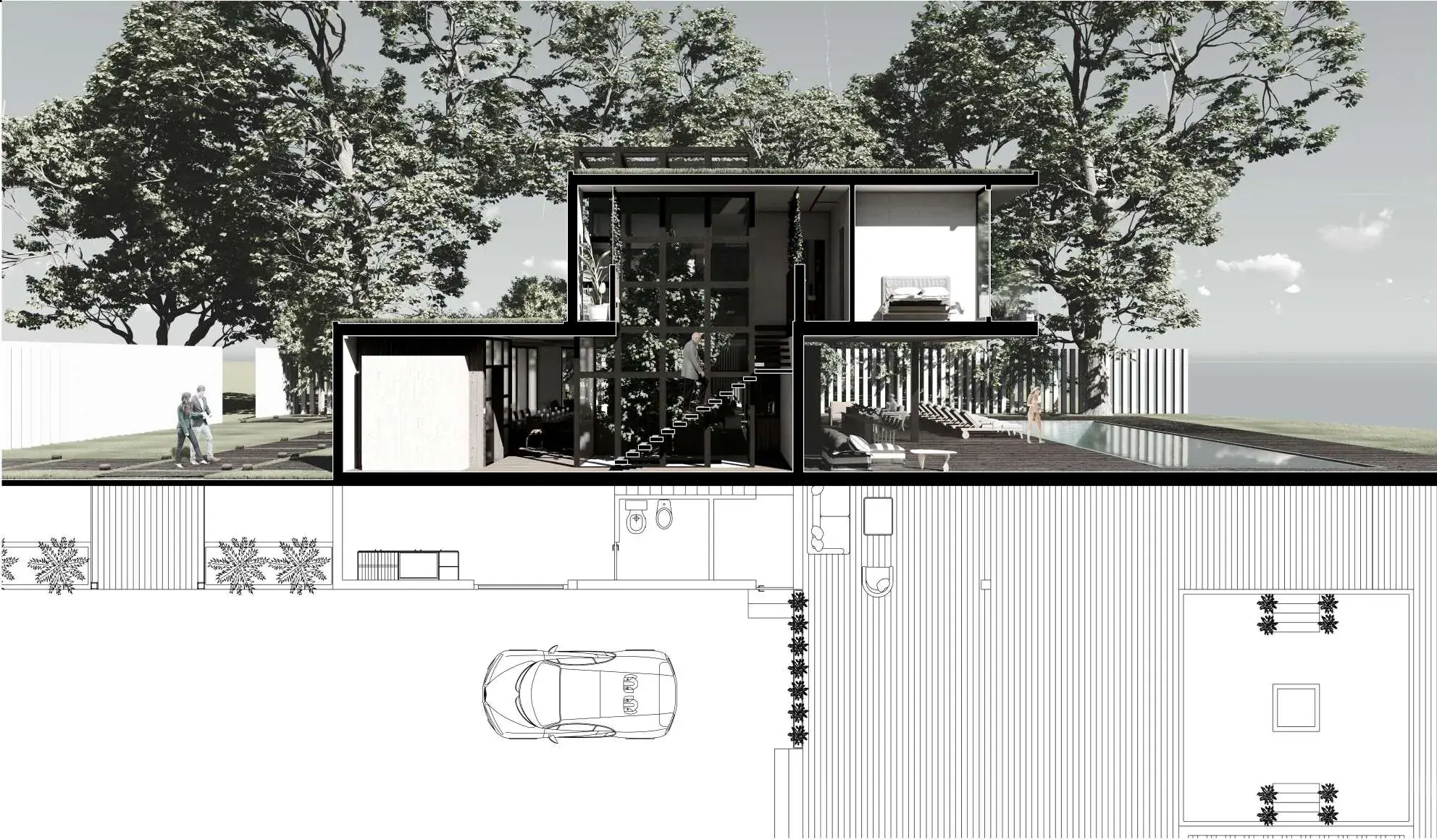Long section through the villa showing the double-height stair void, the master bedroom above, the shaded terrace and the lap pool running out to the sea view.